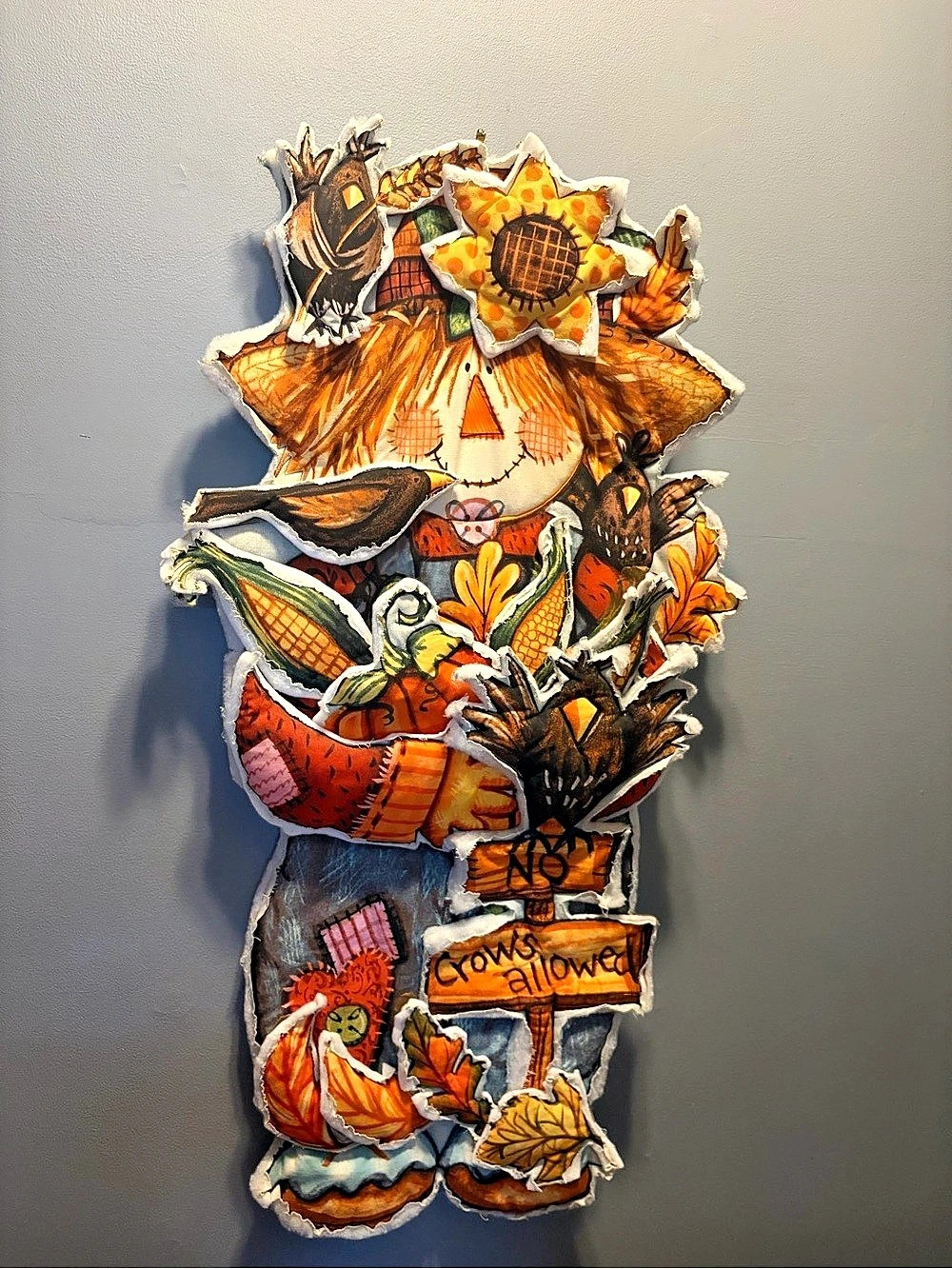 Vintage 90 Fall Debra Jordan Bryan Whimsical Fabric Scarecrow Wall Hanging.